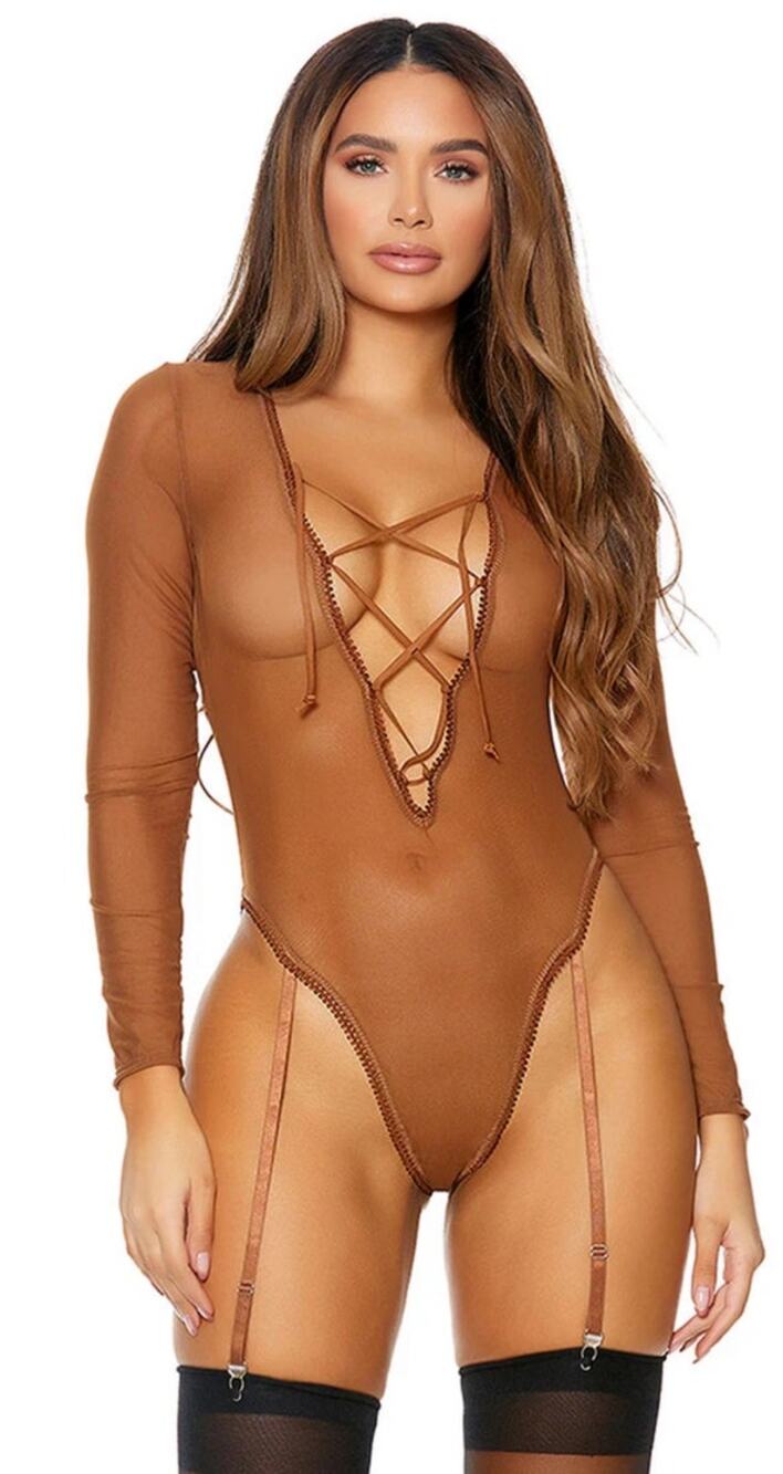 Frederick's of Hollywood Lola Lee Brown Long Sleeve Sheer Mesh Teddy - M